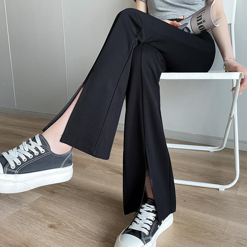 Черные расклешенные брюки с высокой талией для женщин - утягивающие, весна/осень, большие размеры, легкий дизайн с разрезом спереди