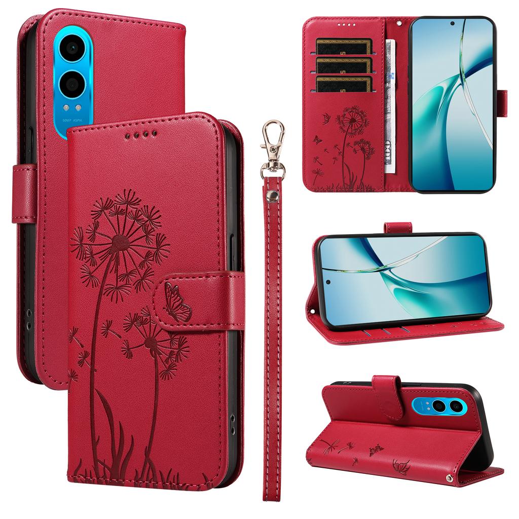 For Oppo K12x 5G (China)/OnePlus Nord CE4 Lite 5G Leather Wallet Case with Strap Dandelion Imprint Phone Stand Cover