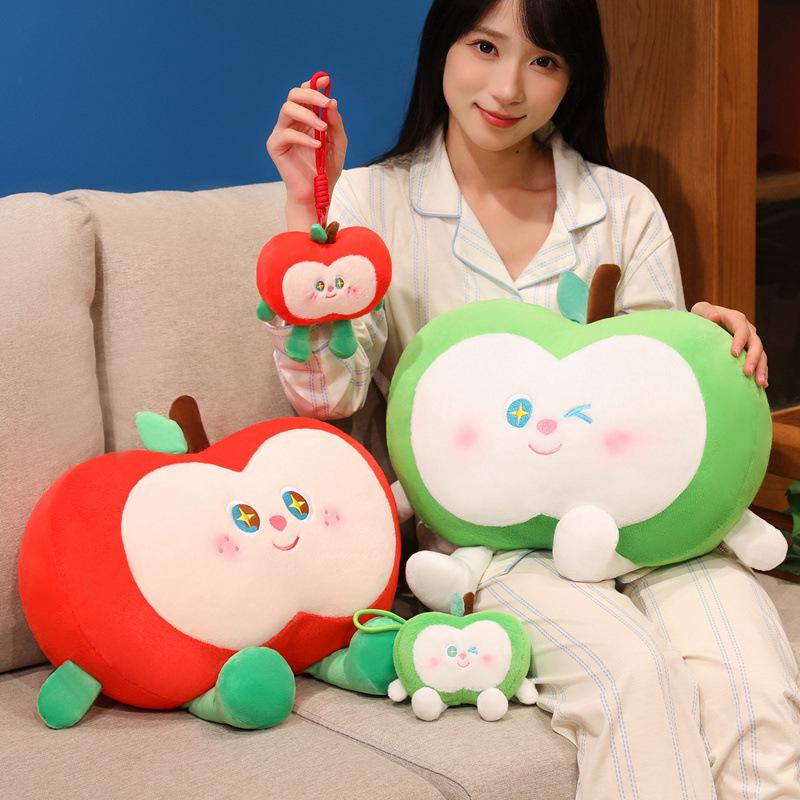 Green Apple Nap Pillow & Keychain Set: Red Apple Cushion for Sofa/Bed + Apple Pendant Keychain