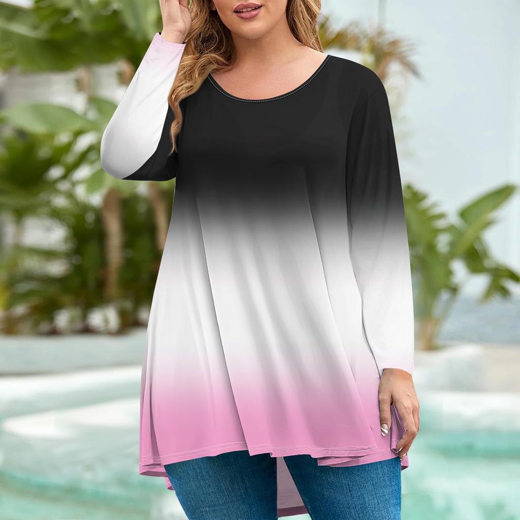 Women's Fashion Large Size Round Neck Long Sleeve Casual Print Loose Pullover Top