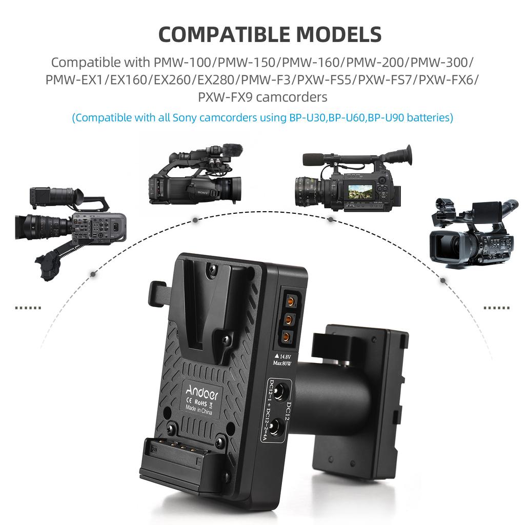 Andoer V-Lock V Mount Battery Plate To BP-U Dummy Battery Adapter with Adjustable Rod Replacement