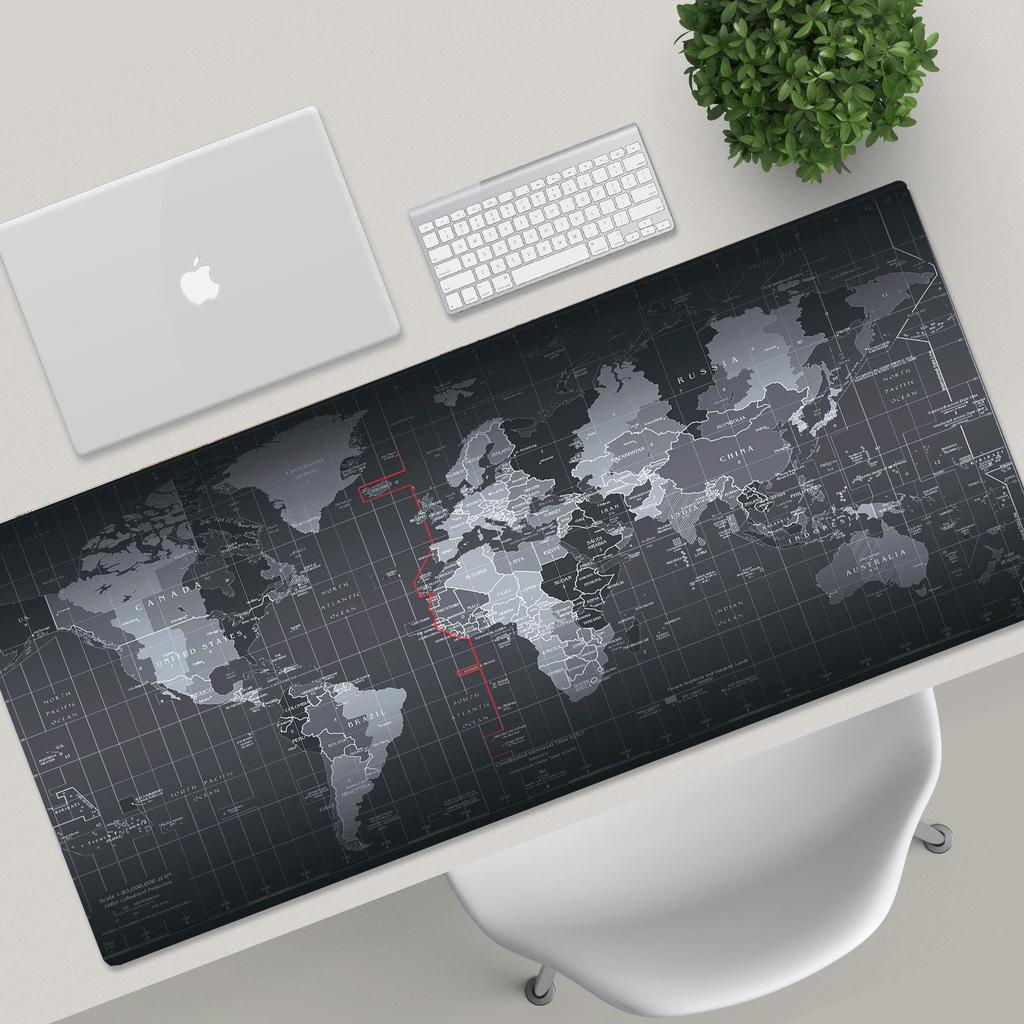 Очень большой черный коврик для мыши с картой мира, устойчивый к грязи, с фиксирующим краем