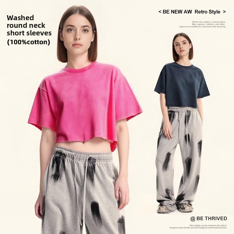 Streetwear Cotton Crop Top Tshirt For Women With Loose Fit And Retro Wash Effect