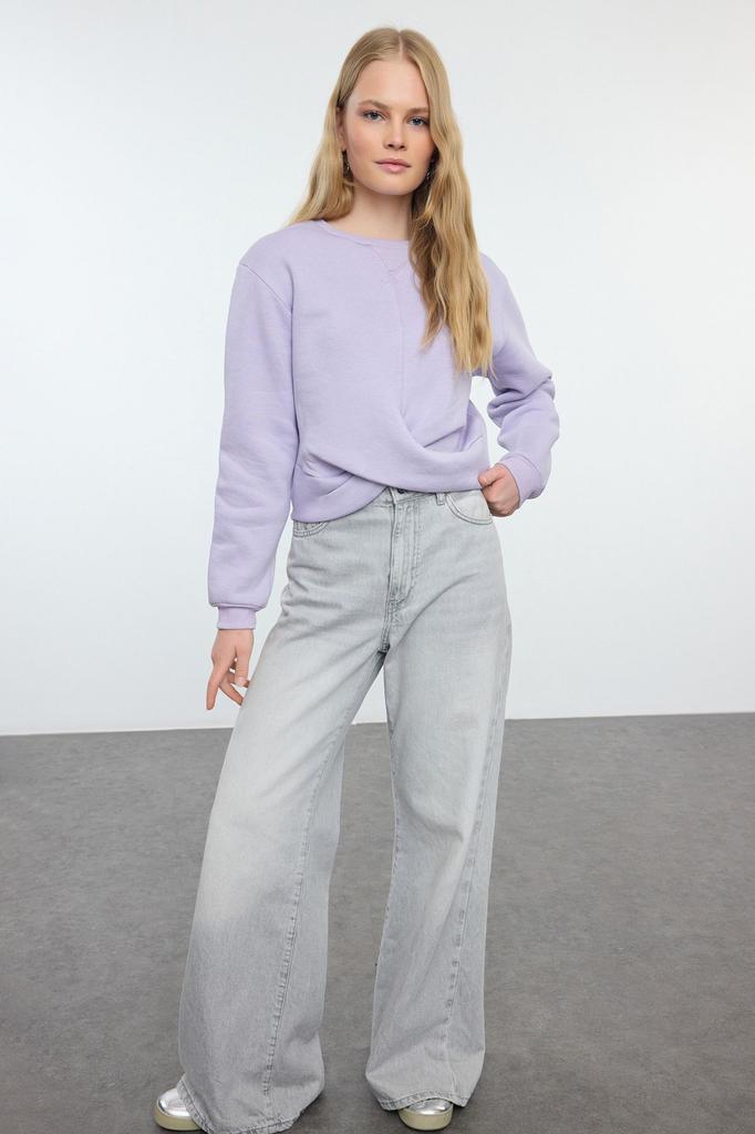 Женская модная стильная толстовка сиреневого цвета с детальной детализацией, толстая внутри флисовая вязаная толстовка с круглым вырезом