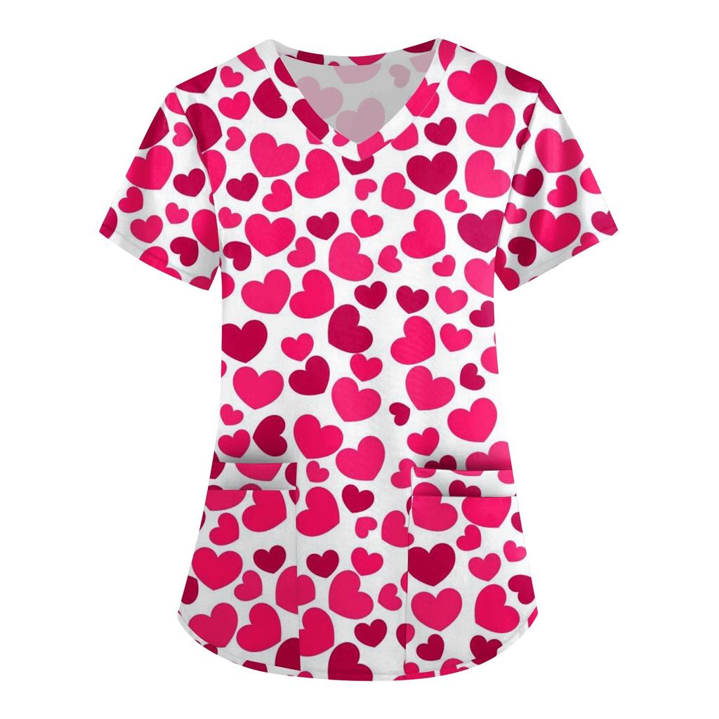 Женская симпатичная принтованная рабочая одежда с V-образным вырезом, двухслойными карманами, базовым коротким рукавом, пуловером ко Дню святого Валентина