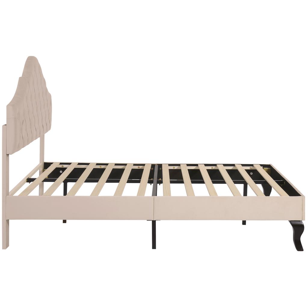 Upholstered Bed 140*190 with Wooden Slatted Frame and Height-Adjustable Headboard, for Adults and Teens, Easy Assembly, Velvet, Beige