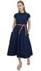 Bimba Navy Blue Women's Denim Solid Mid Calf A-Line Dress With Tie Waist Dori -