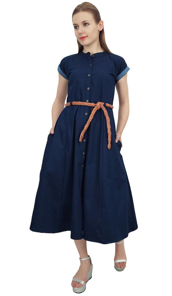 Bimba Navy Blue Women's Denim Solid Mid Calf A-Line Dress With Tie Waist Dori -
