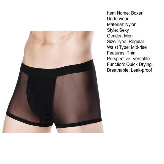 Men Boxer Underwear Mid-rise Perspective Mesh Yarn Sexy Shorts Panties Solid Color Hollow Panties Daily Wear
