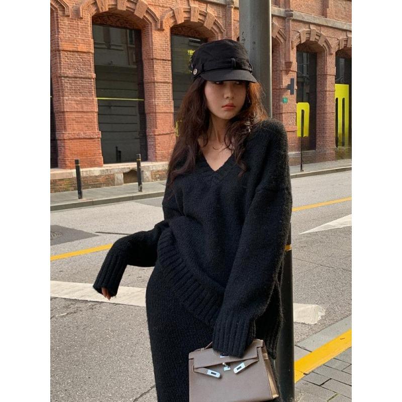 Ленивый свитер, трикотажный костюм, платье для женщин на осень и зиму, пуловер с V-образным вырезом, трикотажный свитер, топ, юбка, модный комплект из двух предметов