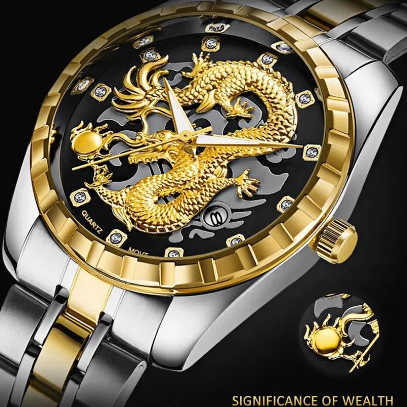 Модные простые часы с календарем Sun Wheel Golden Dragon для мужчин, деловые часы со стальным ремешком