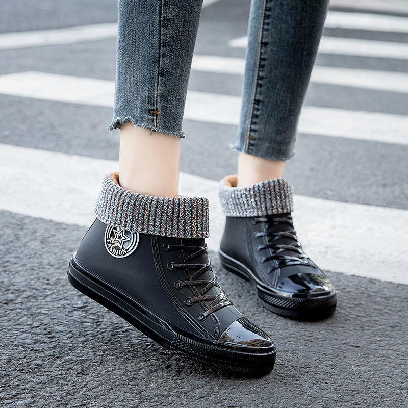 Rubber Shoes Women Waterproof Rain Boots Ankle Shoes Female Water Shoes Rain Boots Ankle Boots Cotton Cover Flats