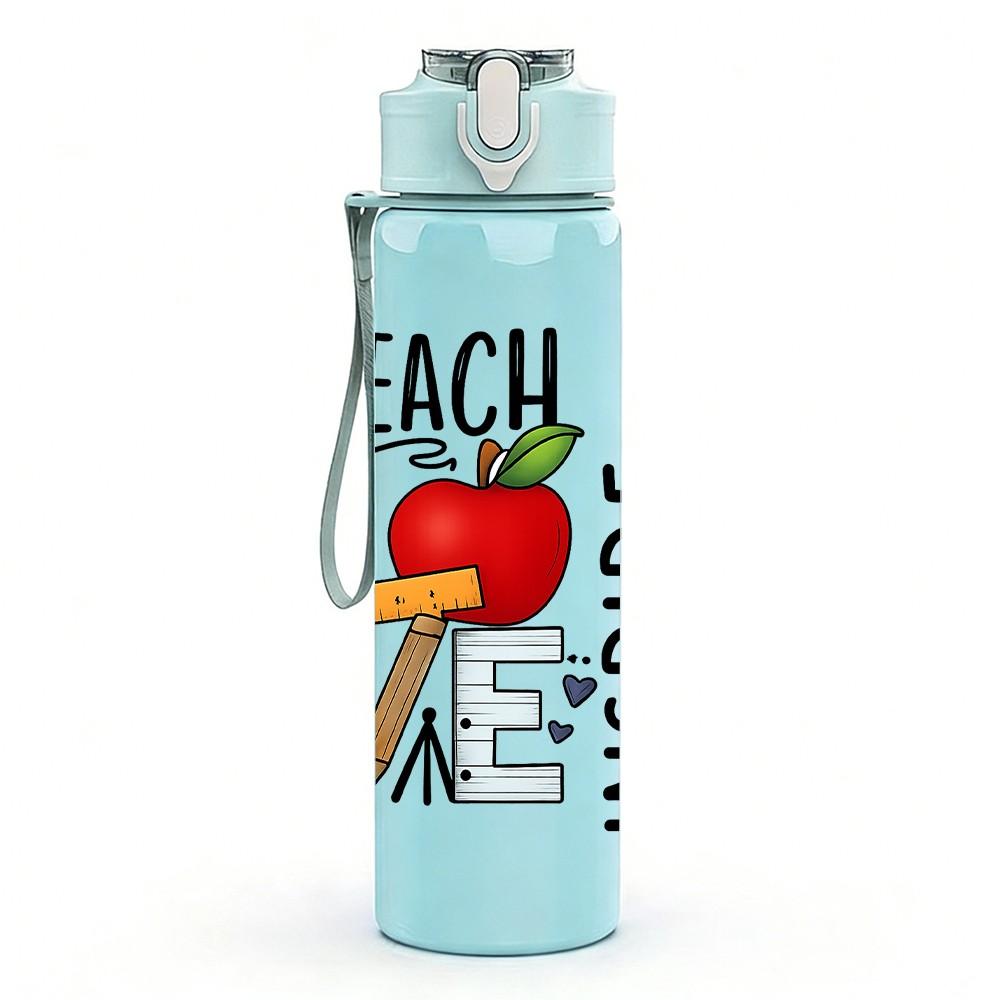 1PC Teach Love Inspire Letter Art 750ml Color Plastic Sports Water Bottle Leakproof Flip Straw Lid Suitable for Sports Office Home Use