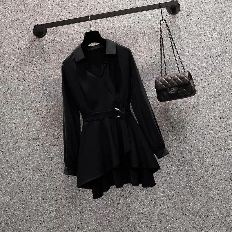 Новые модные весенне-осенние тонкие белые женские классические рубашки с длинным рукавом и поясом для офисной женской рабочей одежды, топы с v-образным вырезом, черная рубашка