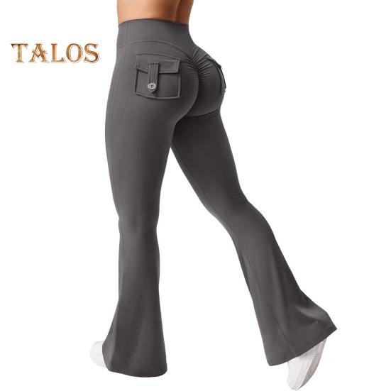 Женские штаны для йоги, однотонные облегающие расклешенные брюки с карманами, тонкие эластичные брюки в стиле карго, сексуальные длинные брюки с рюшами