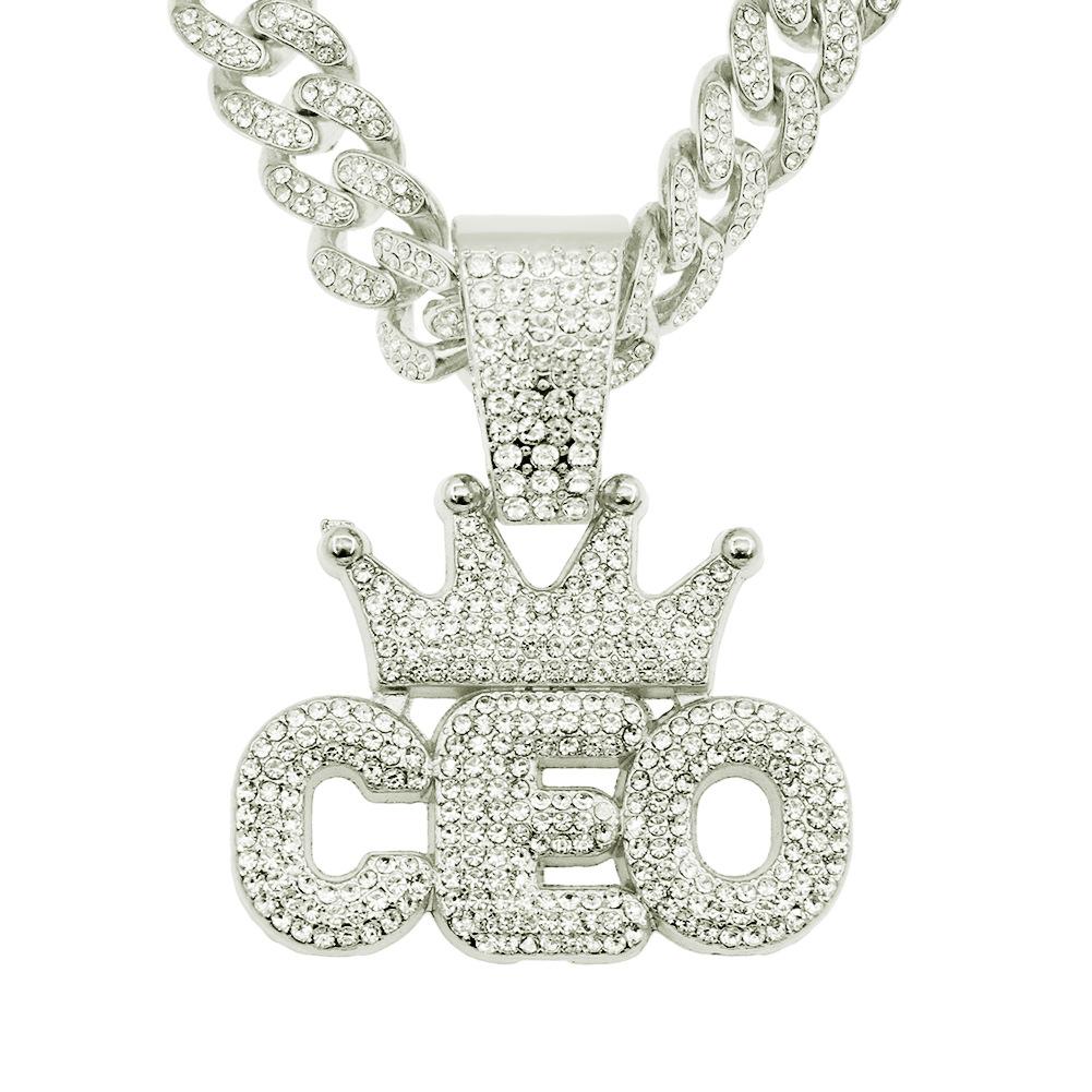 European Hip Hop Full Diamond Crown CEO Letter Pendant Cuban Necklace Hipster Men Hip Hop Street Nightclub Accessories