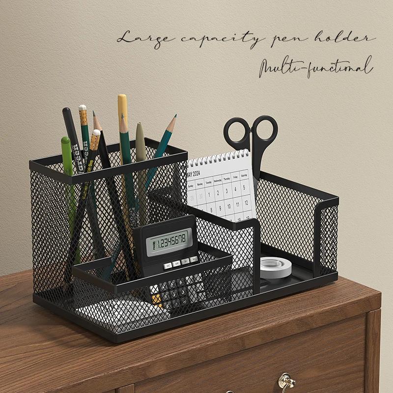Black Mesh Desk Organizer with Pencil Holder And Storage Baskets 3 Compartments Office Supplies Caddy for Desktop Accessories
