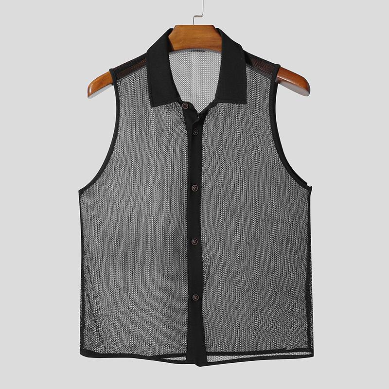 INCERUN Summer Men Lapel Sleeveless Mesh See Through Party Cropped Tank Tops