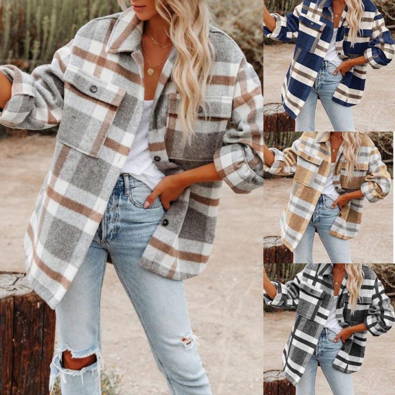 Spring and Autumn Women's Brushed Plaid Shirts Long Sleeve Flannel Lapel Button Down Pocketed Shacket Flannel Jacket Coats