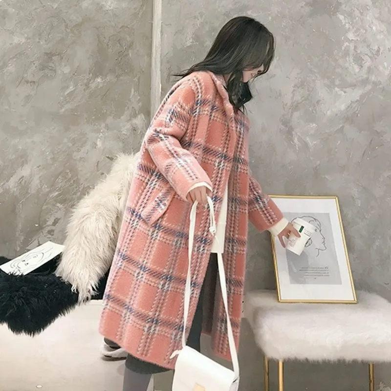 Autumn and Winter New Mid-length Plaid Imitation Mink Velvet Coat Korean Version Loose Thickened Woolen Cardigan Women Coat