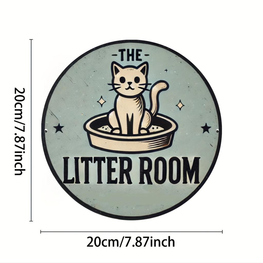 Round Cat-Themed Aluminum Metal Sign "The Litter Room" - Handcrafted Foil Engraved Wall Art for Home, Dorm, Bar, Cafe, Pool,