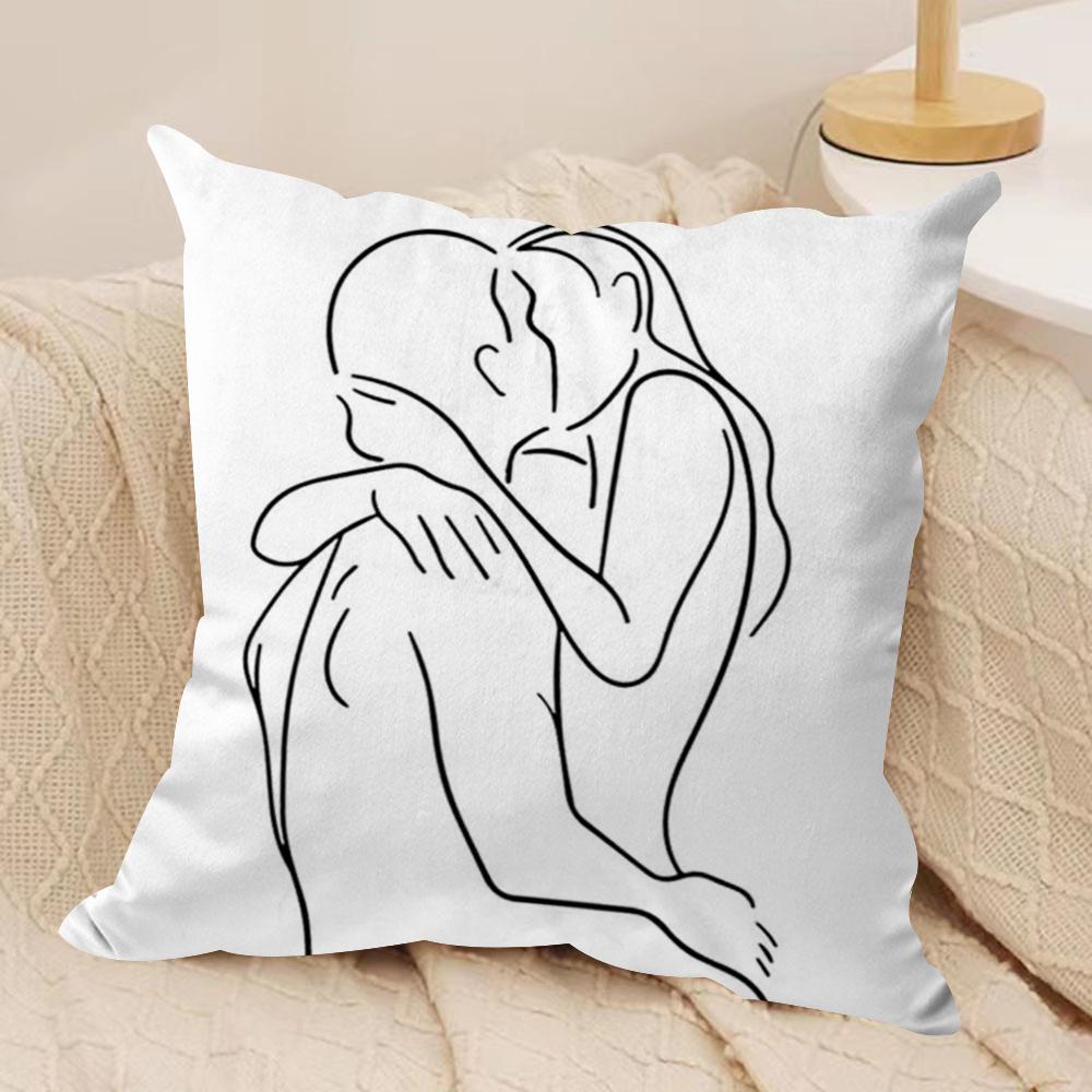 Black White Couple Line Cushion Cover Soft Plush Fabric DoubleSided Printed Sofa Cushion Cover for All Seasons Home Decor Gift
