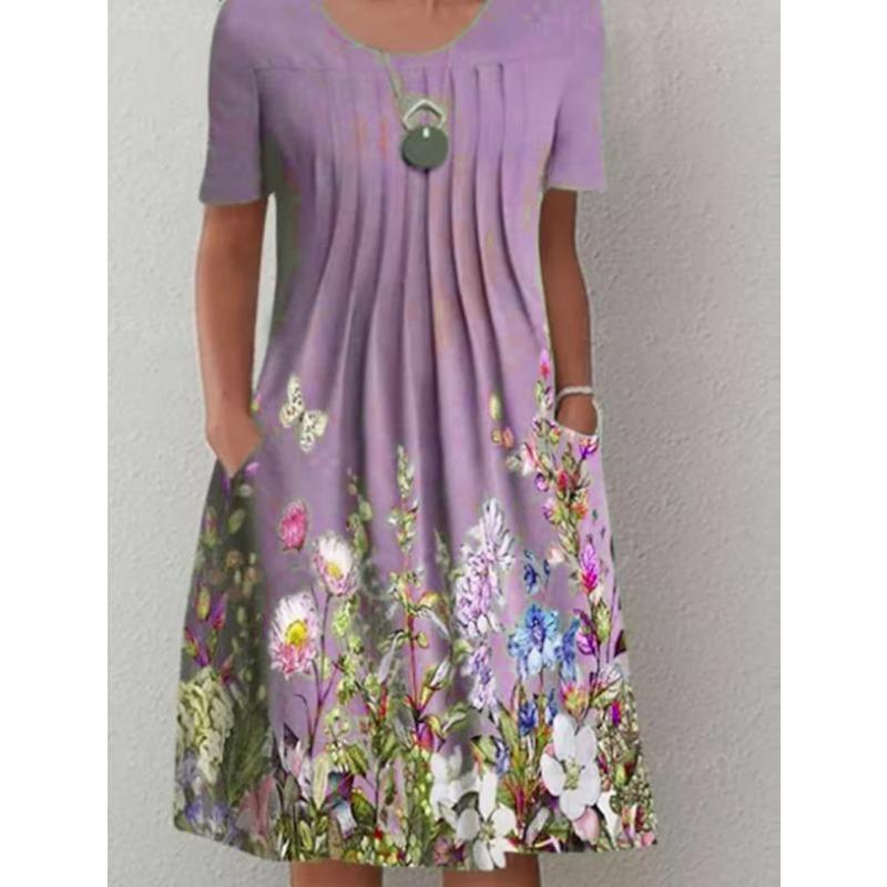 Женская мода лето весна цветочный узор принт короткий рукав О-образный вырез свободная талия повседневные платья