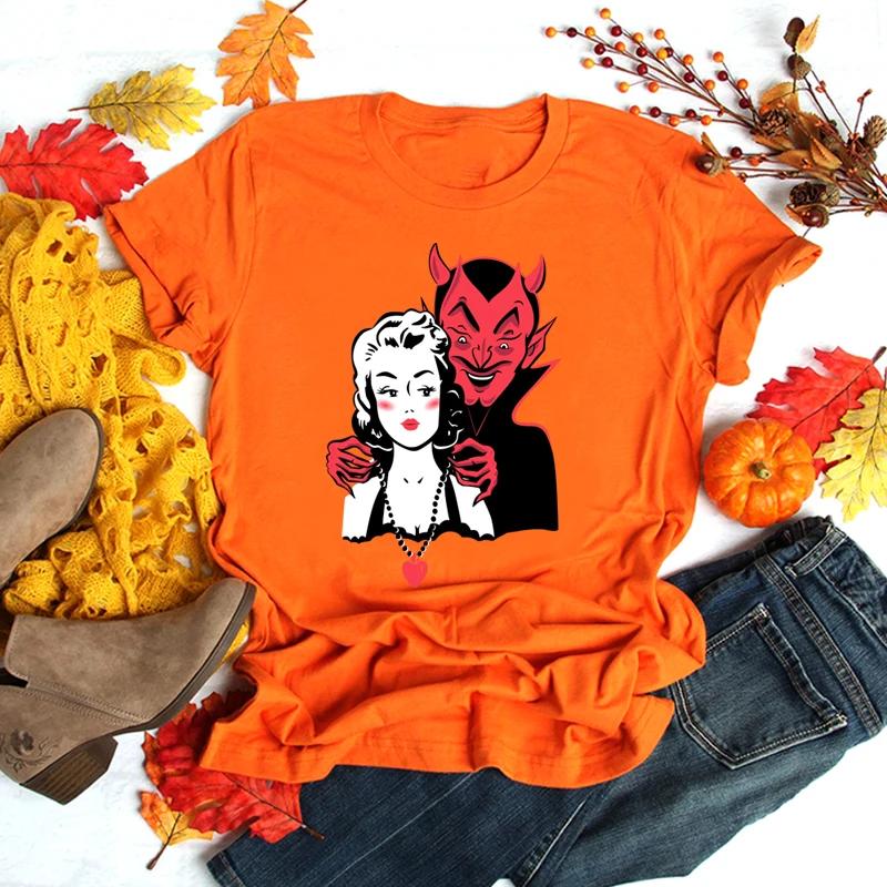 Футболка Deal with The Devil для женщин на Хэллоуин, забавная, темная, острая, гранж, одежда для духов, готический топ, винтажная футболка, дропшиппинг