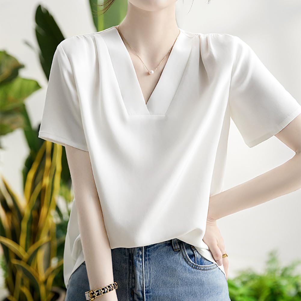 Sueeya Shirt Blouse for Short Summer [Sueeya] Women, Sleeve, V-Neck, Tuck, Body-Concealing, Slimming, Plain, Stylish, Clean, Versatile, Casual,