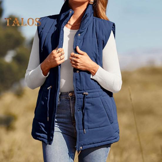 Winter Women Vest Coat Thickened Padded Button Closure Stand Up Collar Sleeveless Solid Color Drawstring Tight Waist Windproof Heat Retention Outdoor