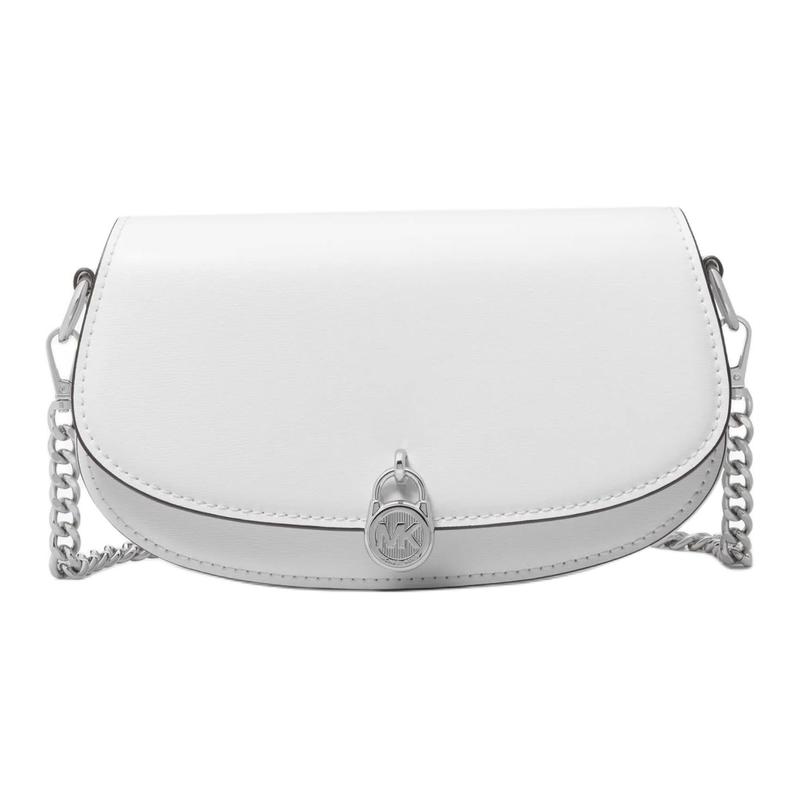 Michael Kors Mila Silver Signature Lock Овальная сумка через плечо с клапаном из коровьей кожи Маленькая женская Белая