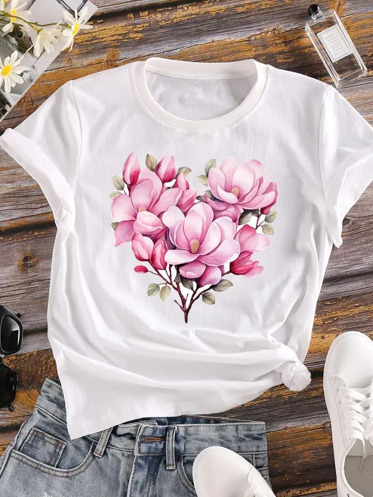 (Азиатский размер) Футболка с коротким рукавом Женская радужная трендовая футболка Верхняя одежда Повседневная Цветочная модная женская графическая футболка с принтом