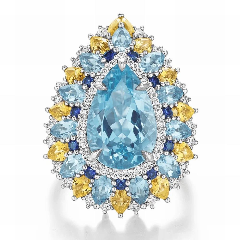 WUIHA 925 Sterling Silver Pear Cut Lab Sapphire Aquamarine High Carbon Diamonds Gemstone Wedding Engagement Rings Fine Jewelry