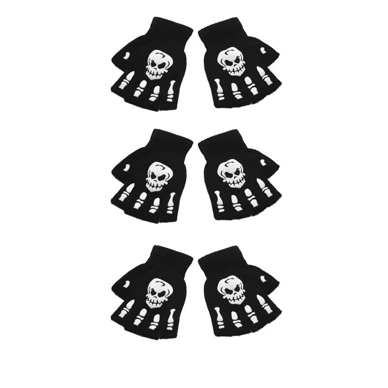 Luminous Halloween Skeleton Skull Gloves Punk Half Finger Gloves Winter Unisex Skull Fingerless Knitted Mitten Glow In The Dark