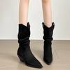 Женские ботинки Роскошные замшевые кожаные повседневные ботинки Модные ботинки до середины икры с острым носком Толстый каблук Ковбойские ботинки в западном стиле Botas Mujer
