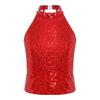 Girls Shiny Sequin Halter Crop Top Sleeveless Backless Design Cheerleading Jazz Dance Performance Top
