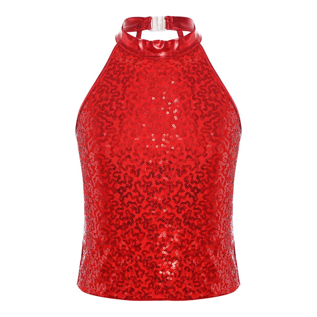 Girls Shiny Sequin Halter Crop Top Sleeveless Backless Design Cheerleading Jazz Dance Performance Top