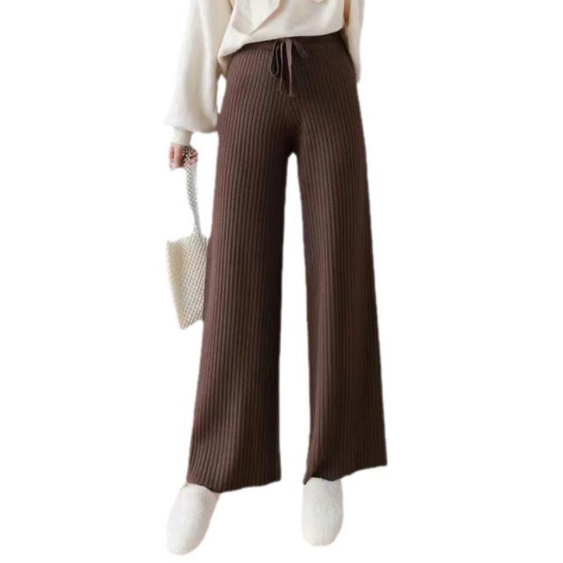 Женские осенне-зимние свободные шерстяные утолщенные трикотажные брюки с высокой талией, широкие длинные