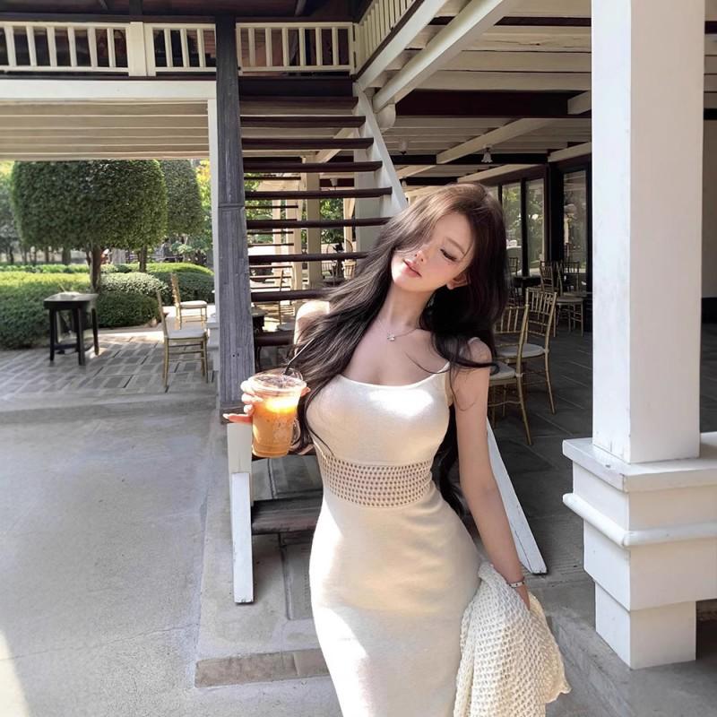 Elegant Knit Slip Dress With Hollow Texture High Waist Bodycon Midi Women 2025