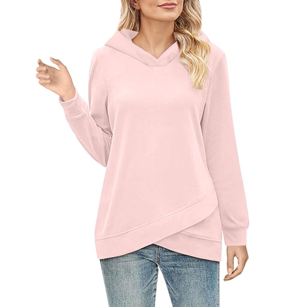 Women's  Fashion Solid Color Hoodie Long Sleeved  Cross Hem Sweatshirt  Top