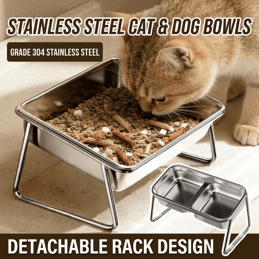 Stainless Steel Pet Feeding Bowl Non-Slip Base Elevated Feeding Pet Water Bowl Double Compartment Slanted Dog Bowl