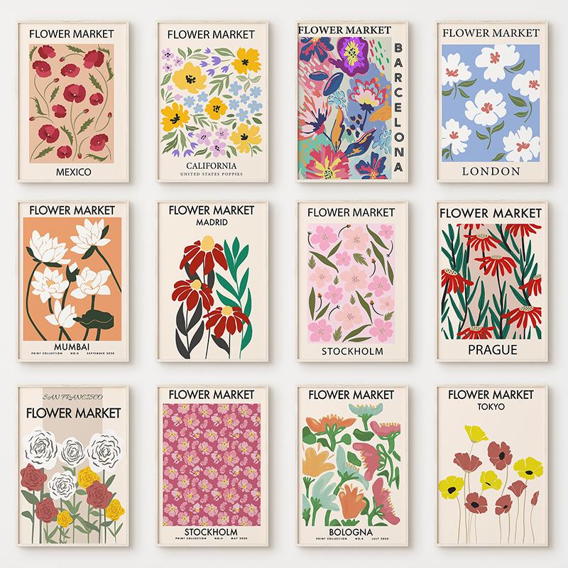 Цветочная картина на холсте, абстрактное искусство, цветочный рынок, принт, скандинавский плакат, стиль, настенная картина для гостиной, украшение дома