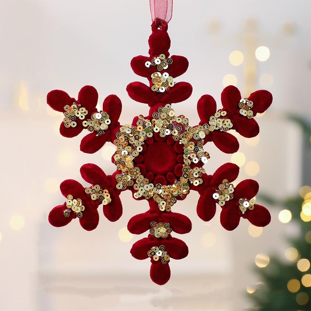 Wine Red Christmas Tree Pendant Glitter Bow Gold Sequin Snowflake Elk Hanging Ornaments Ice Bar Knot Girl Xmas Tree Pendant
