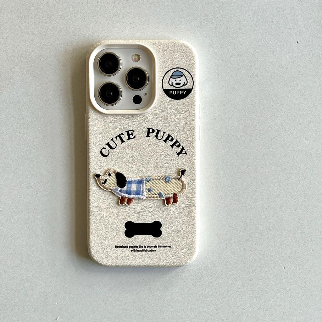 Leather Three Dimensional Embroidered Dachshund Dog Suitable for Apple 15 Promax Cartoon Mobile Phone Case 14 New Model 12 Women 13 Anti Fall