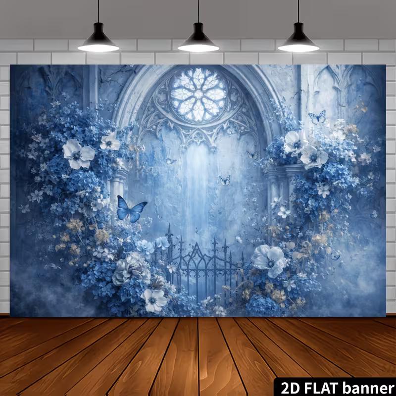 2D Vintage Blue Floral Butterfly Photography Background
