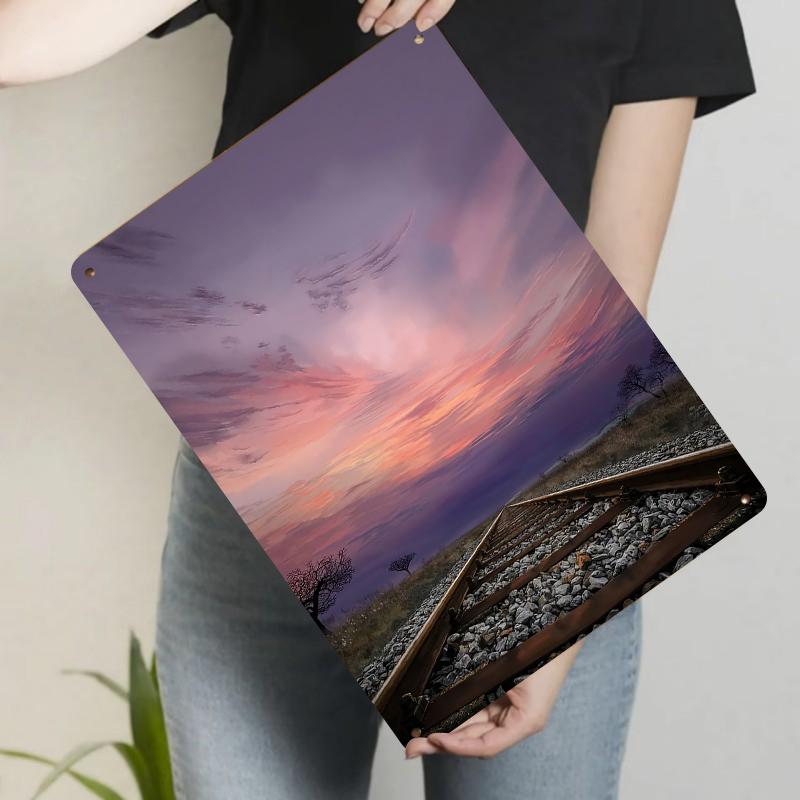 Twilight Railway Tracks Stretching to Gorgeous Sunset Metal Iron Painting Home Wall Decor Living Room Porch Creative Hanging Art