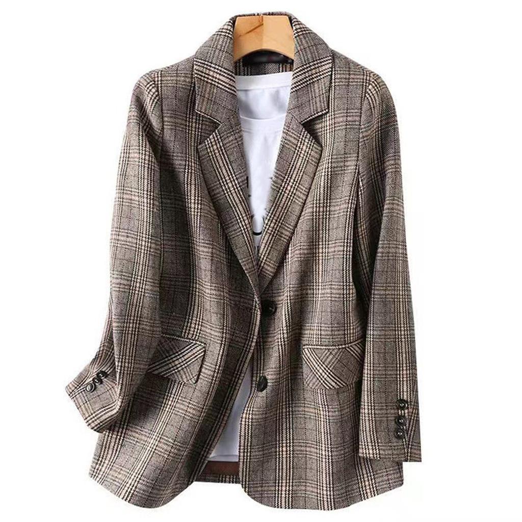 Women's Fashion British Style Loose Casual Plaid Small Suit Jacket