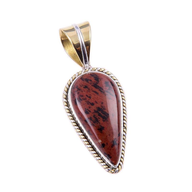 Natural Mahogany Obsidian Gemstone 925 Solid Silver Two Tone Pendant 1.50" s2Z53