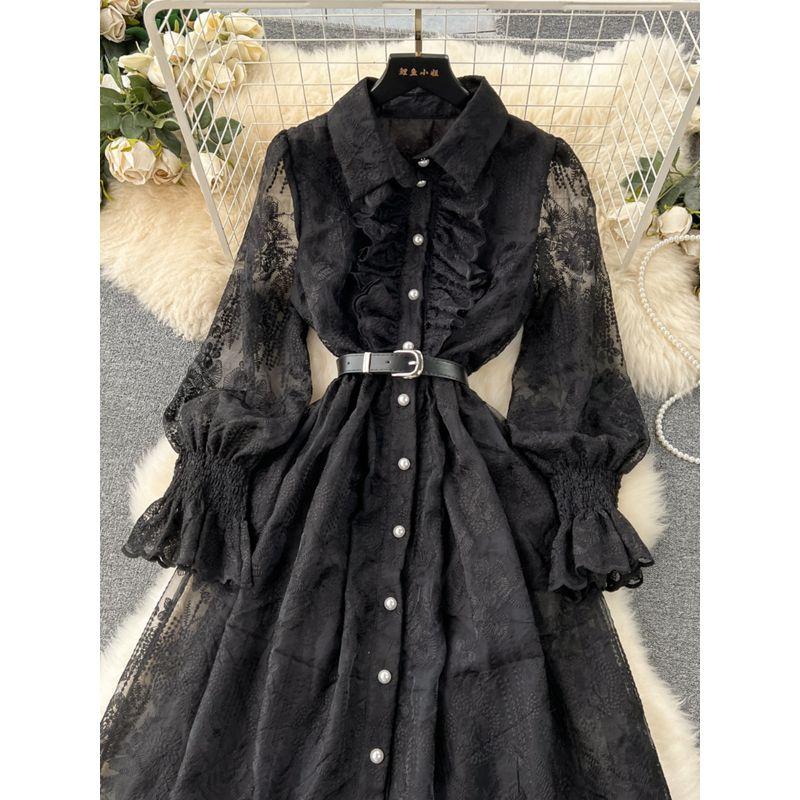 Retro Machine Embroidery Silm Long Lace Dress