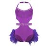 Girls Latin Dance Costume Halter Sleeveless Design Cutout Sparkly Rhinestones Bodice Feather Skirted Leotard
